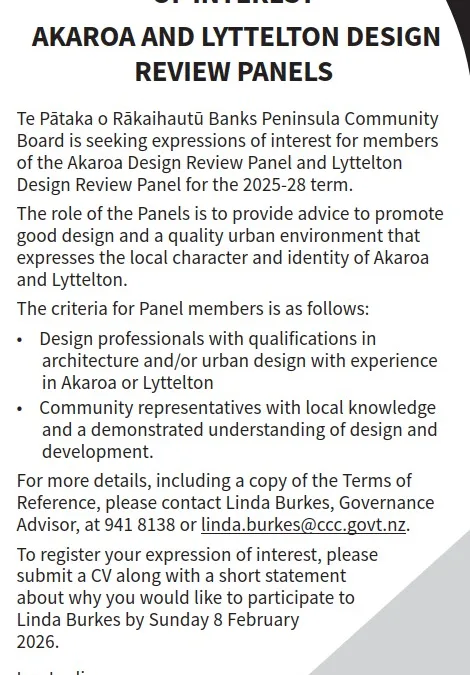 Call for Expressions of Interest: Akaroa and Lyttelton Design Review Panels