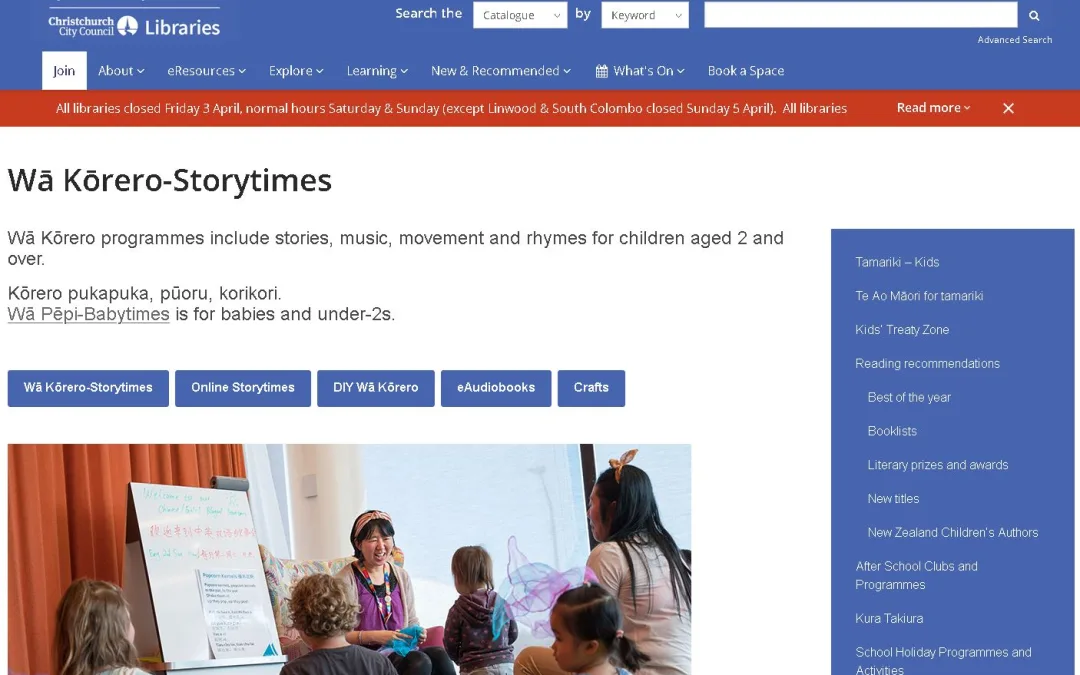 Storytimes for Kids at the Christchurch City Libraries
